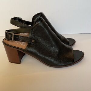 Franco Sarto Humor Black Leather 3” Heel Slingback Open Toe Clogs Mules 9.5